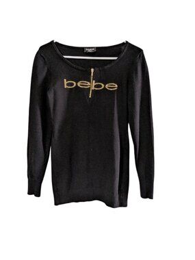Bebe Women's Zip Front Logo Knit Sweater, Black Gold, Size Medium, Long Sleeve